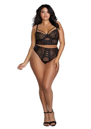 Stretch Mesh Stretch Galloon Lace Bustier - Black - 1XL - Afbeelding 7