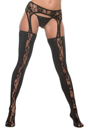 Lace Wetlook Garter Tights - Black - O/S - Afbeelding 1