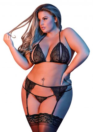 Peek-a-Boo Bra. Garter & G-Set - Black - QS - Afbeelding 1