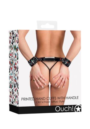 Printed Handcuffs with Handle - Old School Tattoo Style - Black - Afbeelding 2