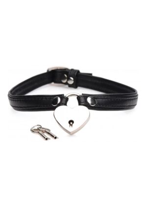 Heart Lock Choker with Keys - Leather - Black - Afbeelding 1