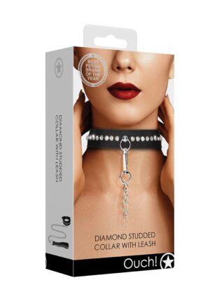 Diamond Studded Collar With Leash - Black - Afbeelding 7