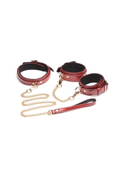 6 Piece Burgundy Bondage Set Burgundy Cuffs. Collar. and Leash - Afbeelding 1