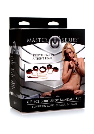 6 Piece Burgundy Bondage Set Burgundy Cuffs. Collar. and Leash - Afbeelding 2