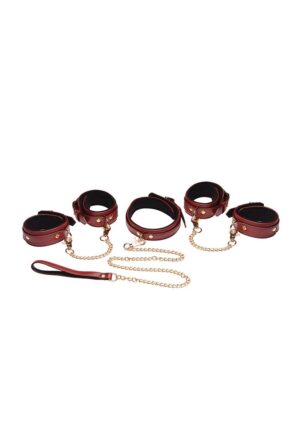 6 Piece Burgundy Bondage Set Burgundy Cuffs. Collar. and Leash - Afbeelding 3