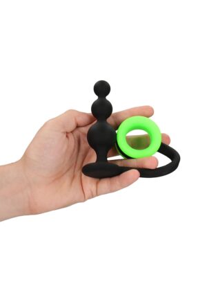 Beads Butt Plug with Cock Ring - GitD - Neon Green/Black - Afbeelding 5