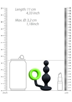 Beads Butt Plug with Cock Ring - GitD - Neon Green/Black - Afbeelding 6