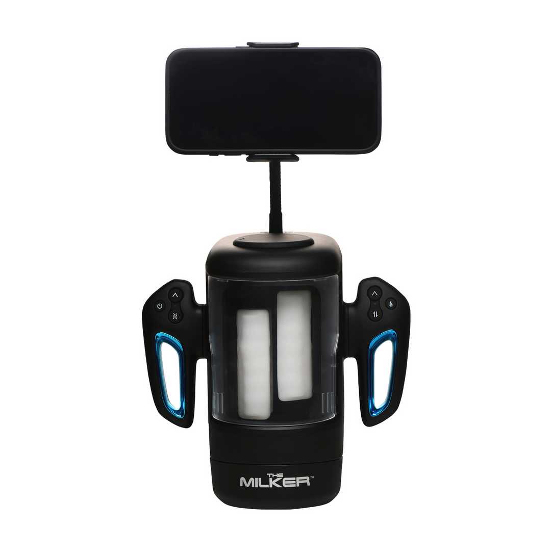 The Milker - Cyber Milker - Stimulerende en Vibrerende Masturbator met Telefoonhouder - Transparant/Zwart