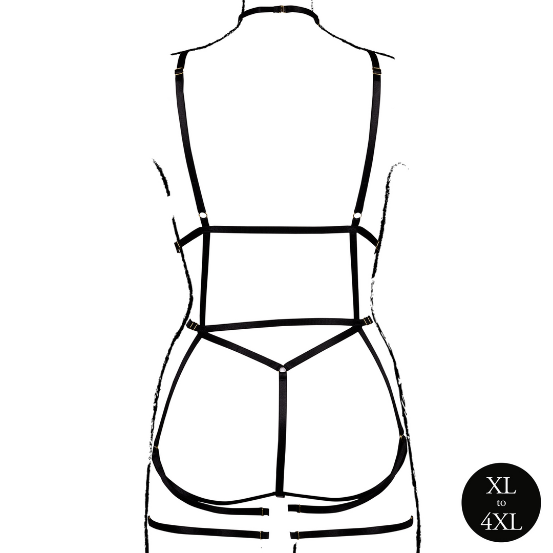 Amour  - Bodyharnas met open cups en jarretels - Zwart