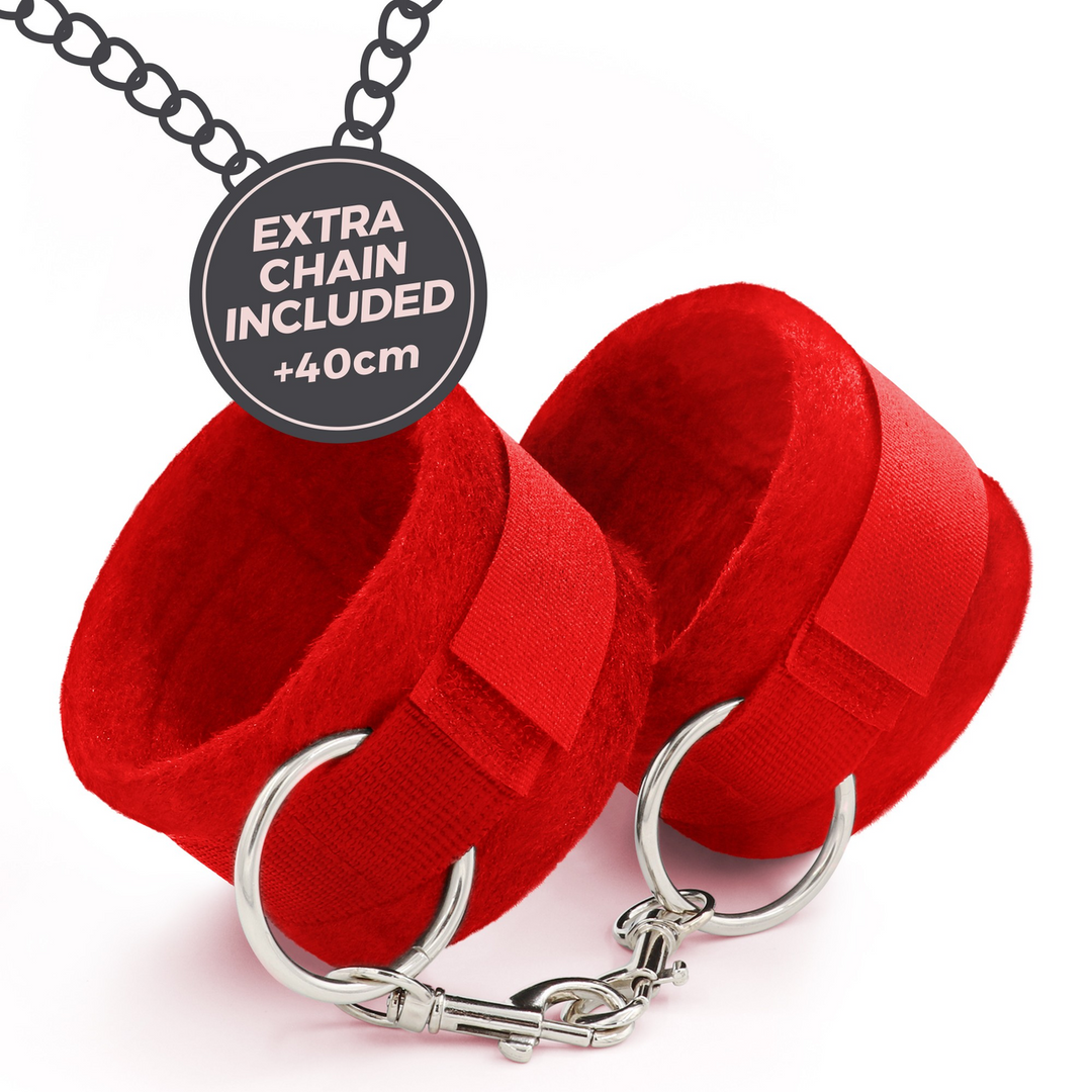 Me Lo Como - Velcro Handcuffs Set with Blindfold and Strawberry Lubricant - 1.7 fl oz / 50 ml - Red