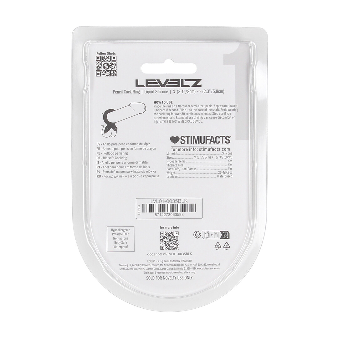 Levelz - Pencil Liquid Silicone Cockring - Zwart
