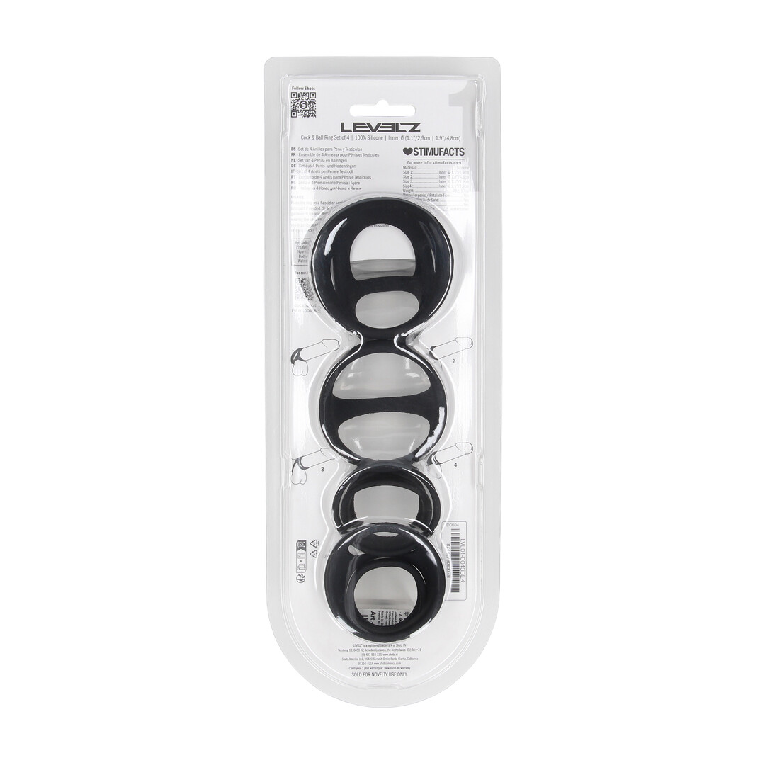 Levelz - Siliconen Cock- en Ballenring Set van 4 - Zwart