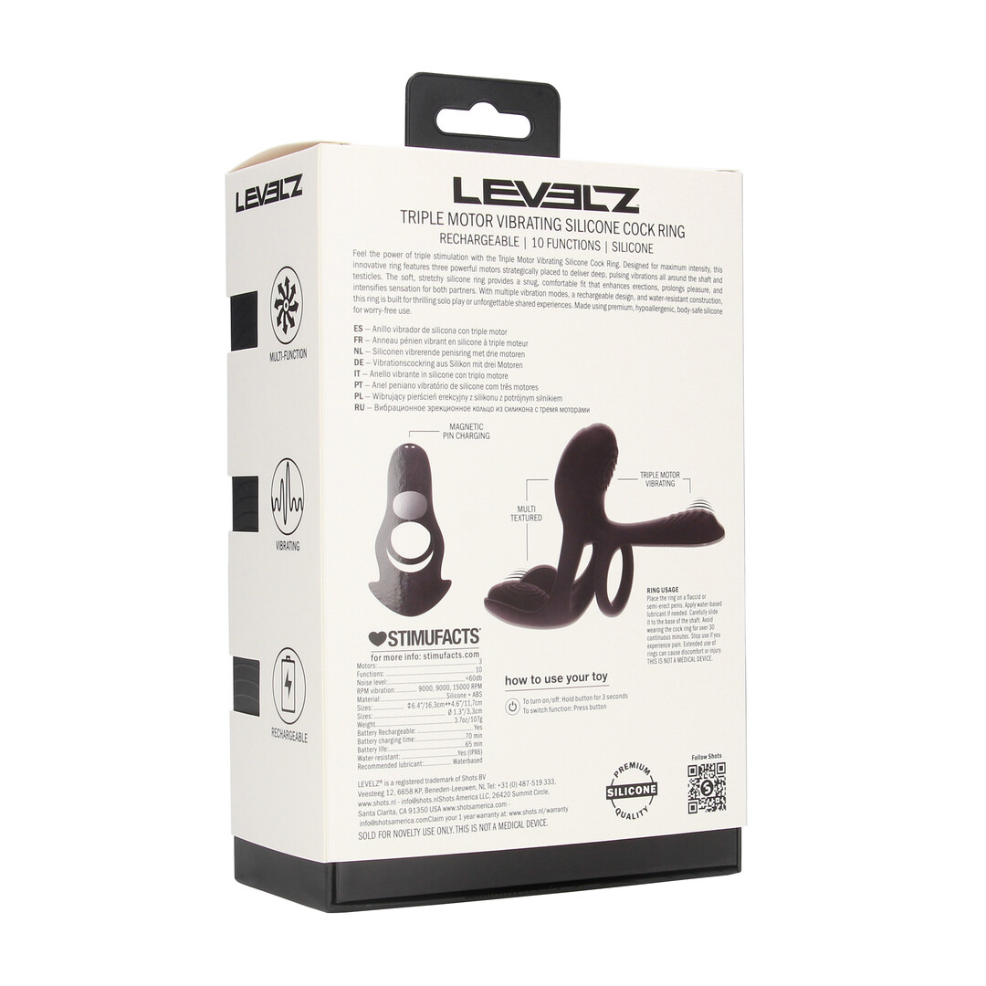 Levelz - Drievoudige Motor Vibrerende Siliconen Cockring - Zwart