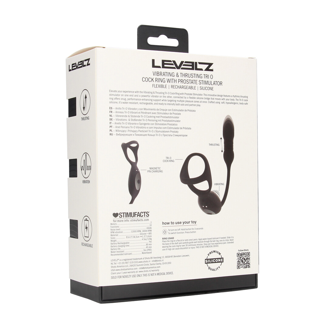 Levelz - Vibrerende en Duwende Silicone Tri O Cockring met Prostaat Stimulator - Zwart