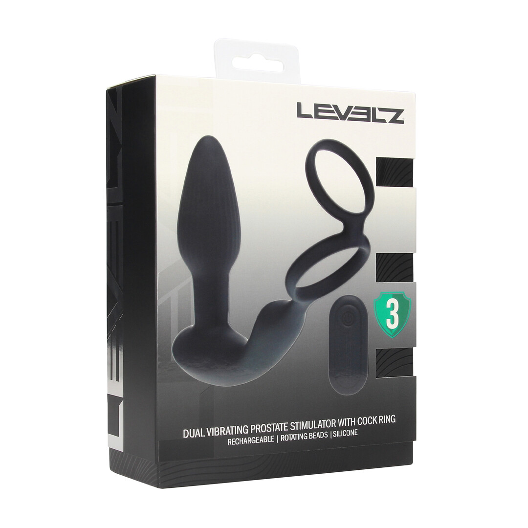 Levelz - Dual Vibrating Remote Rotating Beads Silicone Prostate Stimulator with Cock and Ball Ring - Black