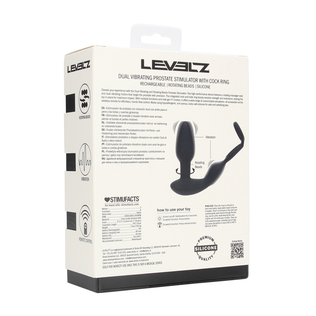 Levelz - Dual Vibrating Remote Rotating Beads Silicone Prostate Stimulator with Cock and Ball Ring - Black