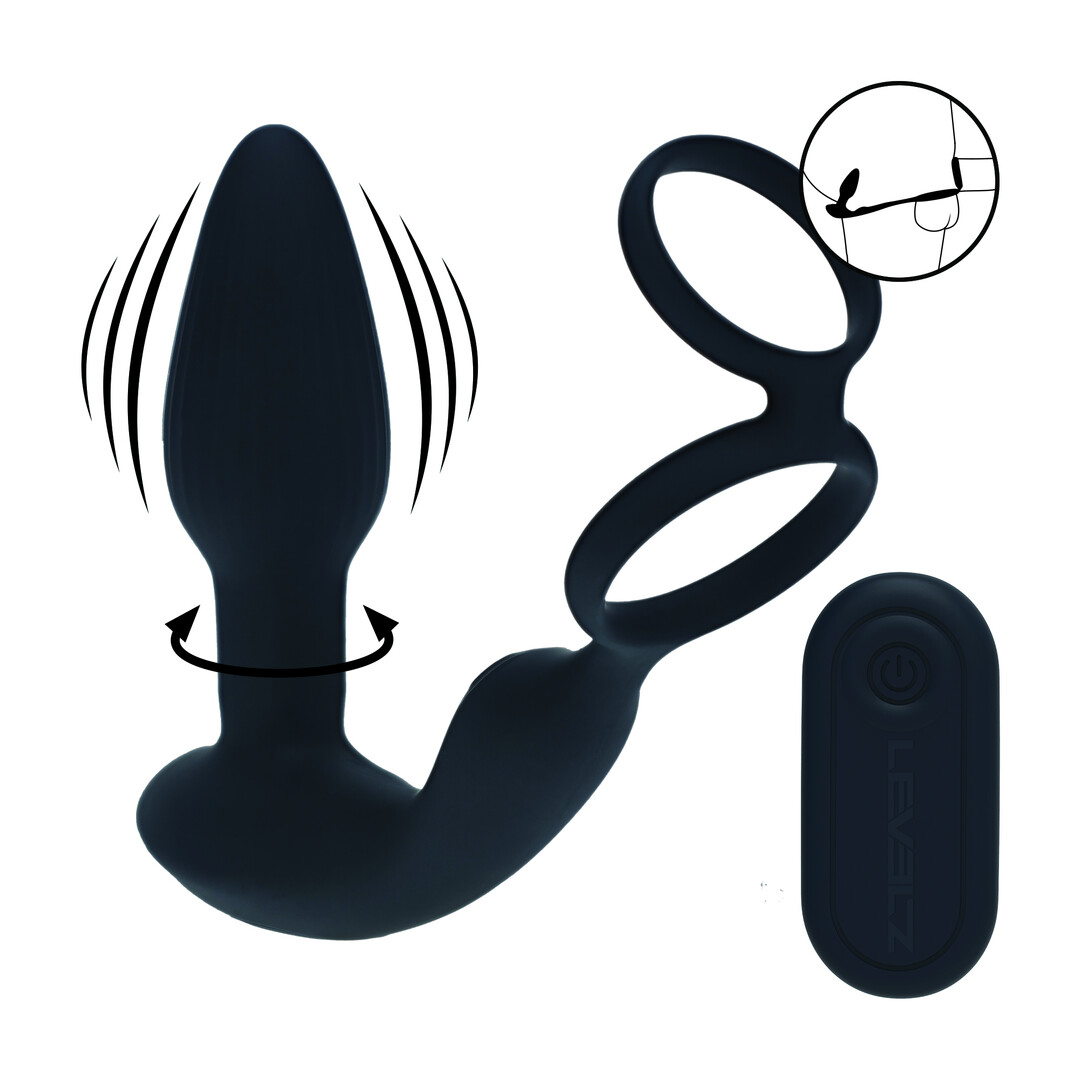 Levelz - Dual Vibrating Remote Rotating Beads Silicone Prostate Stimulator with Cock and Ball Ring - Black