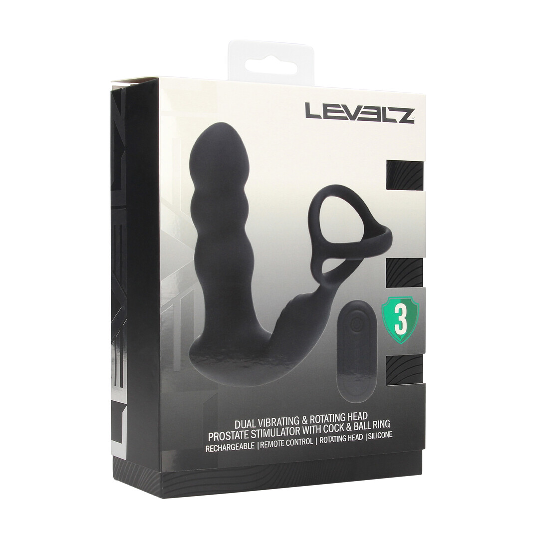 Levelz - Dual Vibrating Remote Rotating Head Silicone Prostate Stimulator with Cock and Ball Ring - Black