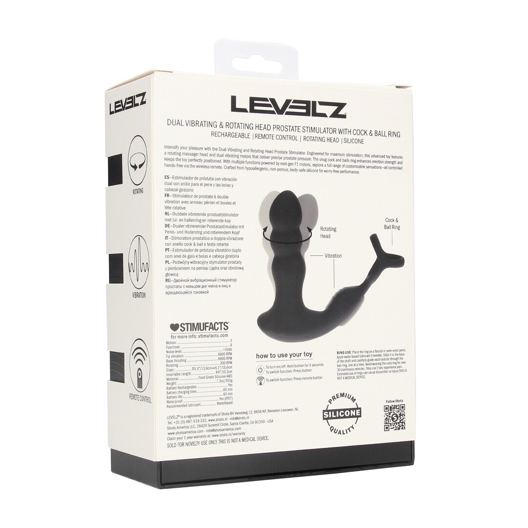 Levelz - Dual Vibrating Remote Rotating Head Silicone Prostate Stimulator with Cock and Ball Ring - Black
