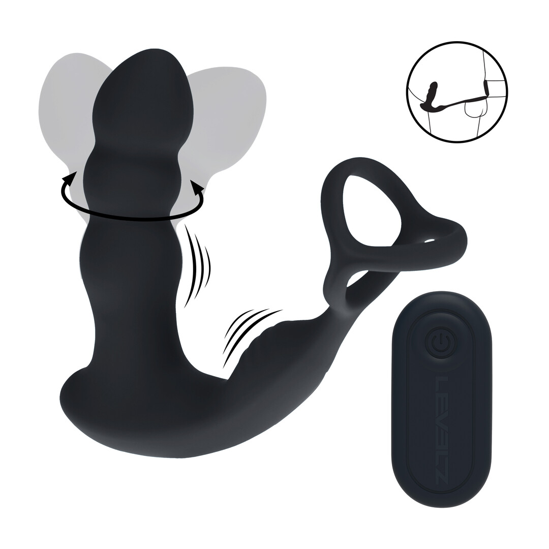 Levelz - Dual Vibrating Remote Rotating Head Silicone Prostate Stimulator with Cock and Ball Ring - Black