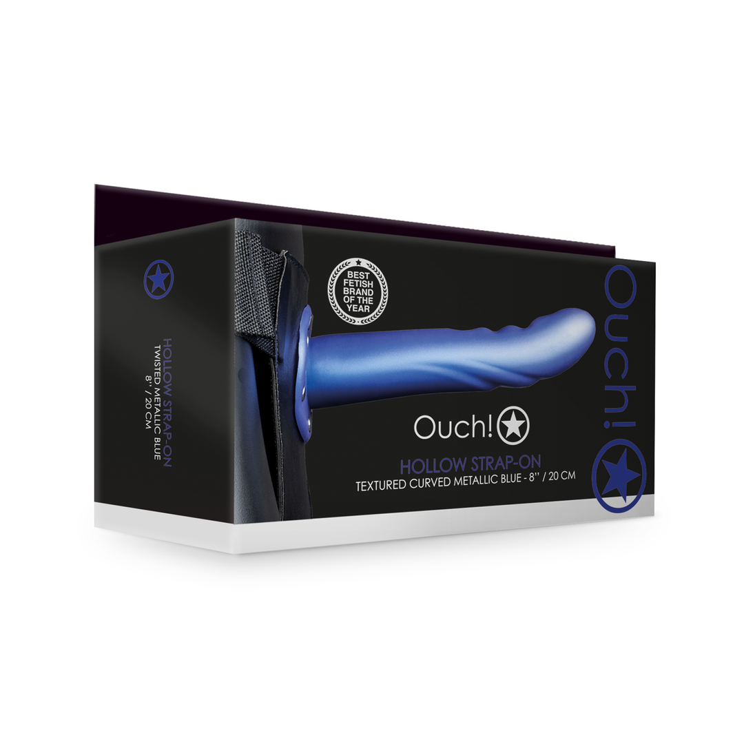 Ouch! - Gestructureerde Gebogen Holle Strap-On - 8 / 20 cm - Metallic Blauw