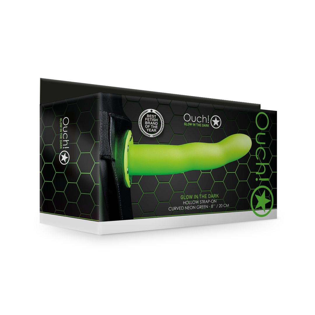 Ouch! - Glow in the Dark Curved Hollow Strap-On - 8 / 20 cm - Neon Groen