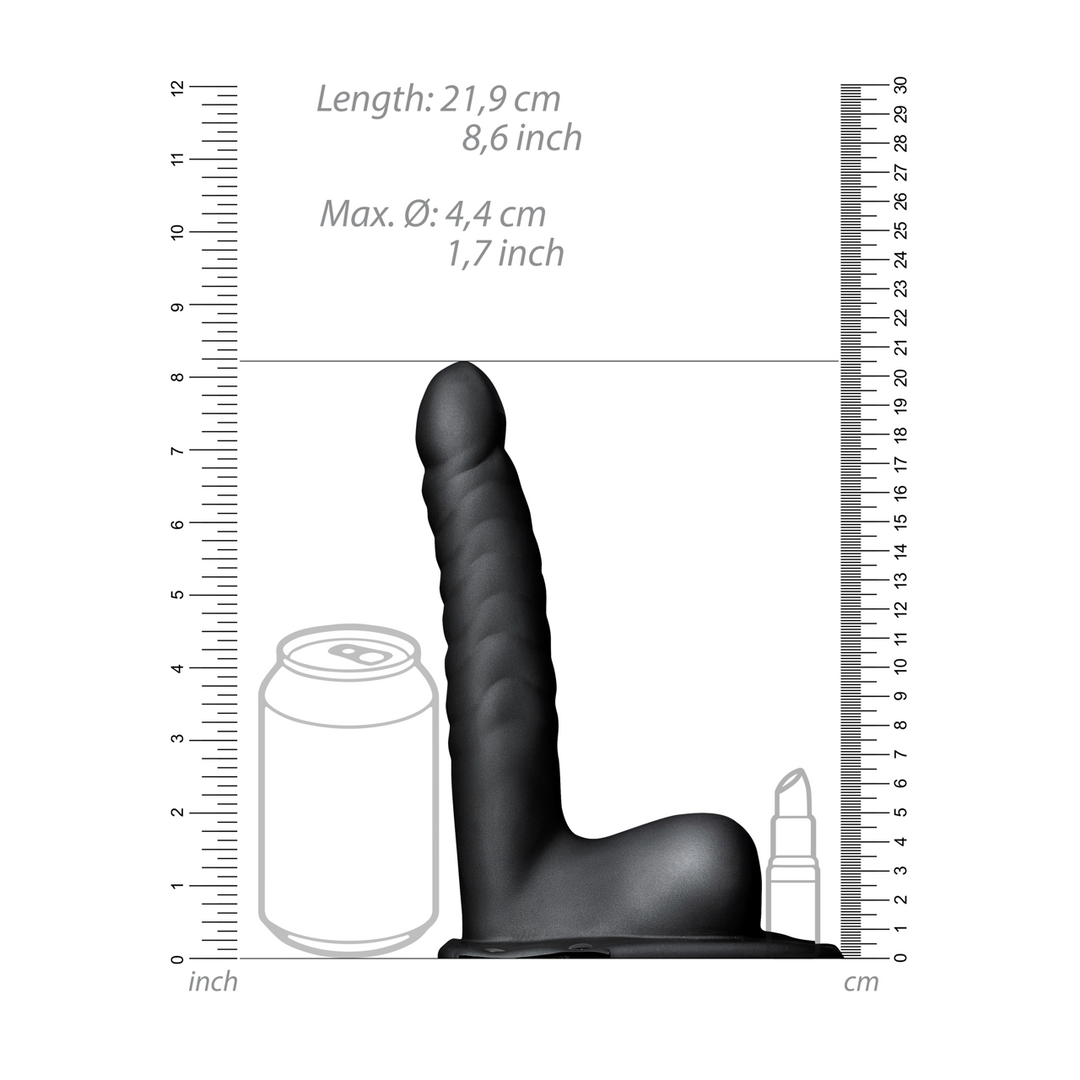 Ouch! - Geribbelde Hollow Strap-On met Ballen - 8 / 21 cm - Zwart