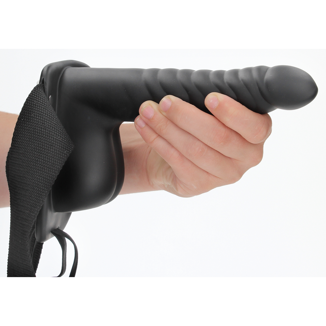 Ouch! - Geribbelde Hollow Strap-On met Ballen - 8 / 21 cm - Zwart
