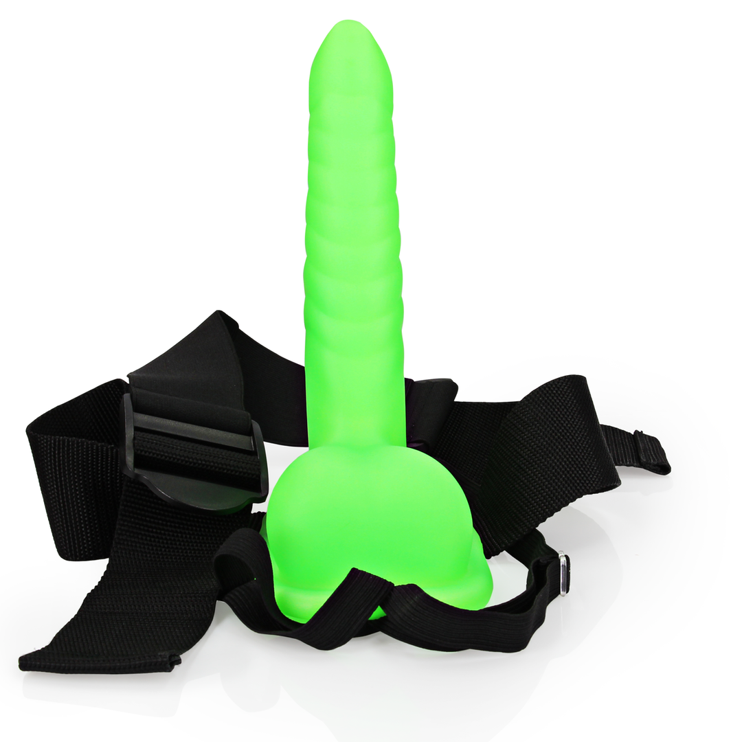 Ouch! - Glow in the Dark Ribbed Hollow Strap-On met Ballen - 8 / 21 cm - Neon Groen