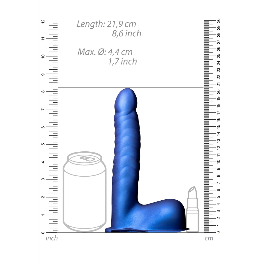 Ouch! - Geribbelde Holle Strap-On met Ballen - 8 / 21 cm - Metallic Blauw