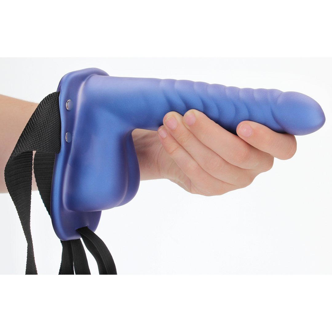 Ouch! - Geribbelde Holle Strap-On met Ballen - 8 / 21 cm - Metallic Blauw