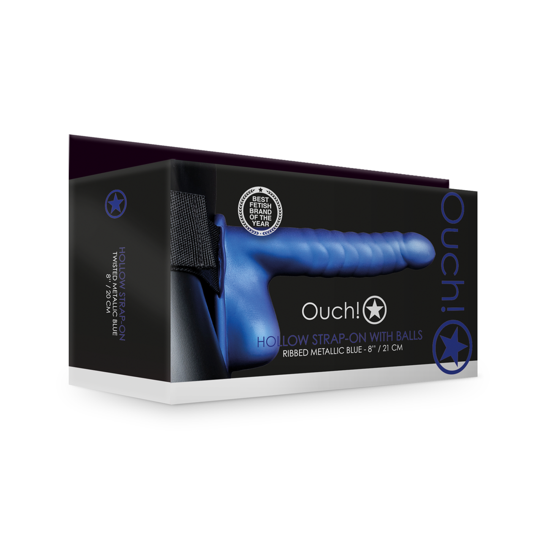 Ouch! - Geribbelde Holle Strap-On met Ballen - 8 / 21 cm - Metallic Blauw